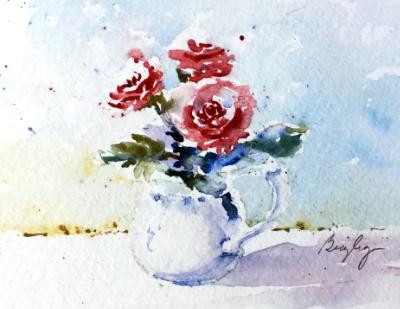 White Pitcher & Red Roses