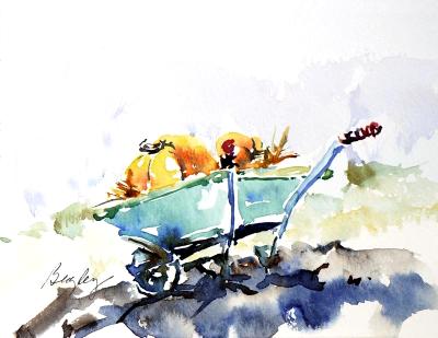 Green Wheelbarrow with Pumpkins